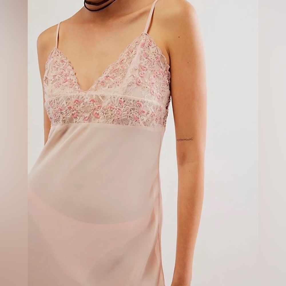 Free People Midnight Magic Maxi Slip Dress Pink Beaded Lace Trim Medium Boho New